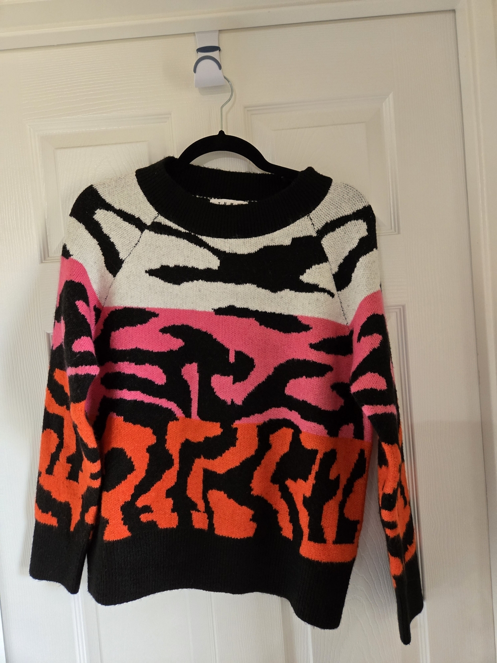 THML Colorblock Animal-Print Crewneck Sweater in White, Pink, Orange & Black